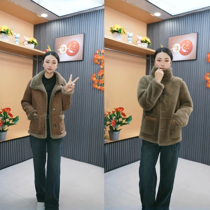 2024新款秋冬时尚外套皮毛一体双面穿百搭女士宽松上衣加厚外套