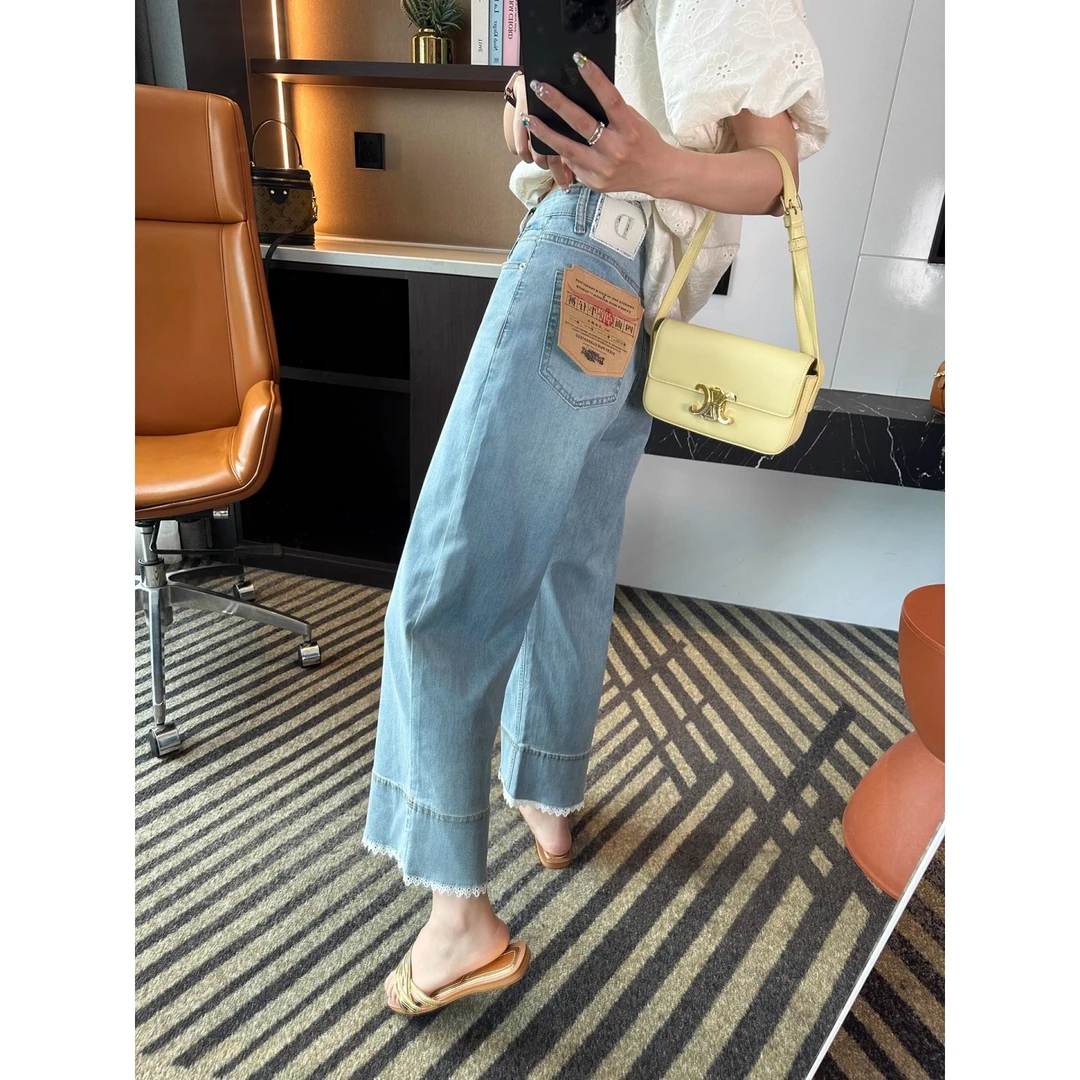 蕾丝拼接直筒牛仔裤女2025夏季新款胖MM梨型身材宽松阔腿九分裤子