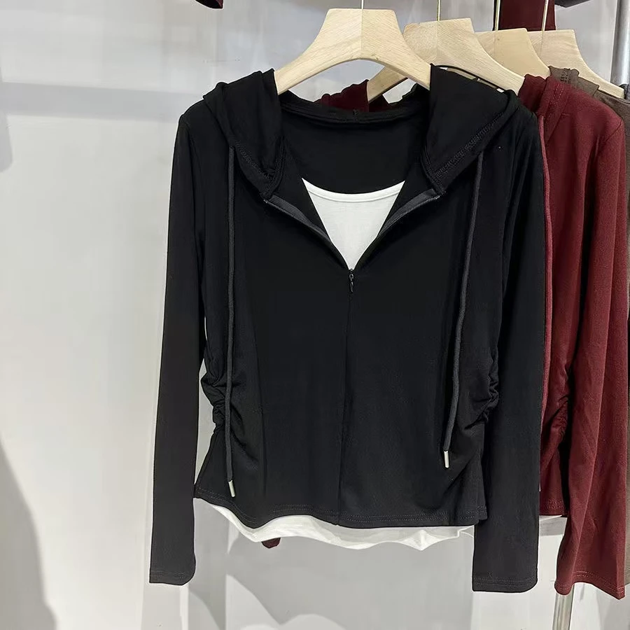 半拉链假两件连帽修身上衣女打底时尚上衣576