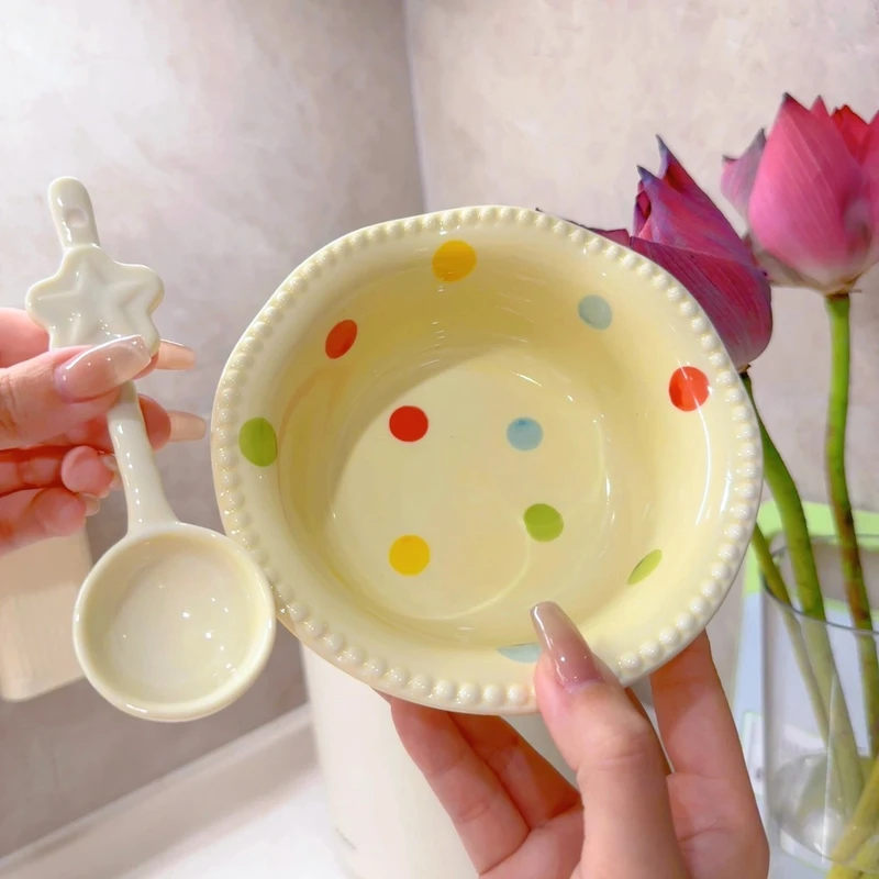 缤纷奶fufu高颜值珠点碗沙拉碗勺耐高温家用陶瓷餐具套装ing风