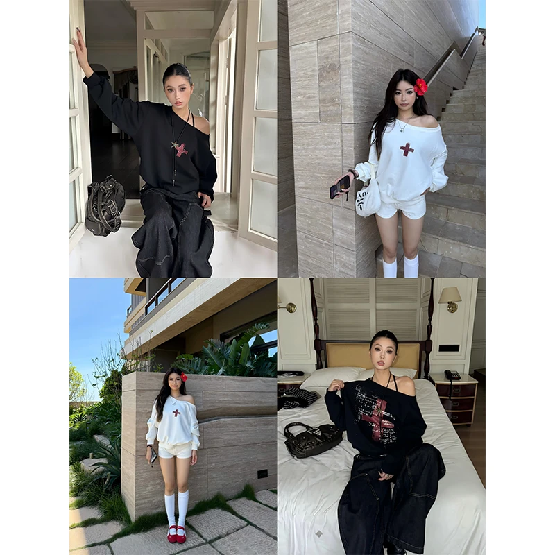 韩系时尚新款十字架印花斜肩卫衣女休闲风长袖t恤露肩上衣ins