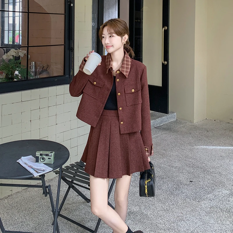 安可拉红小香风毛呢套装裙女春秋高级感大方得体小个子时髦洋气