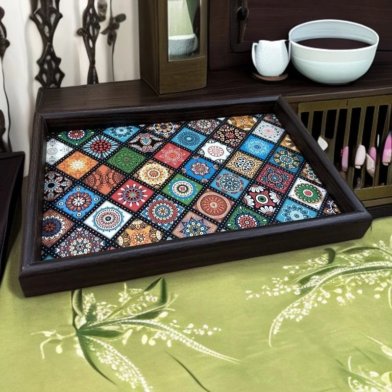 波西米亚风托盘异域客厅桌面收纳首饰收纳玄关家用木质皮革收纳盘