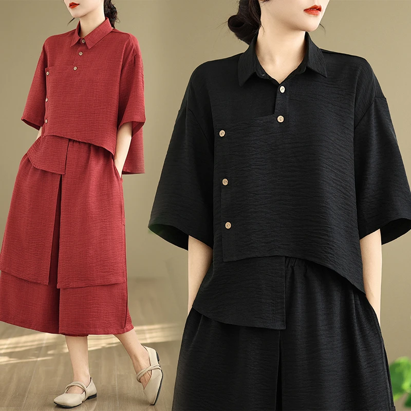 2025春夏新款宽松文艺不规则松紧腰阔腿裤休闲两件套套装