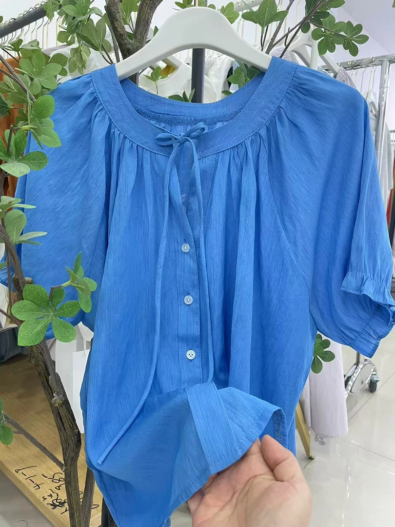 泡泡袖系带薄款高级感娃娃衫上衣086