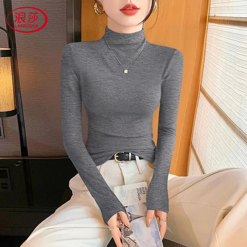 浪莎女长袖内搭紧身显瘦2025上衣黑色高级感春秋冬半高领薄打底衫