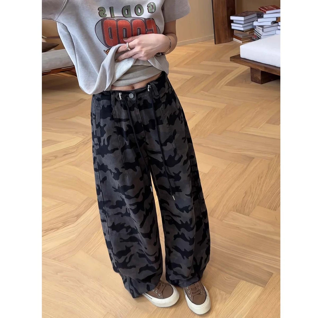 美式迷彩高街工装牛仔裤女2025秋季新款宽松百搭直筒休闲阔腿裤