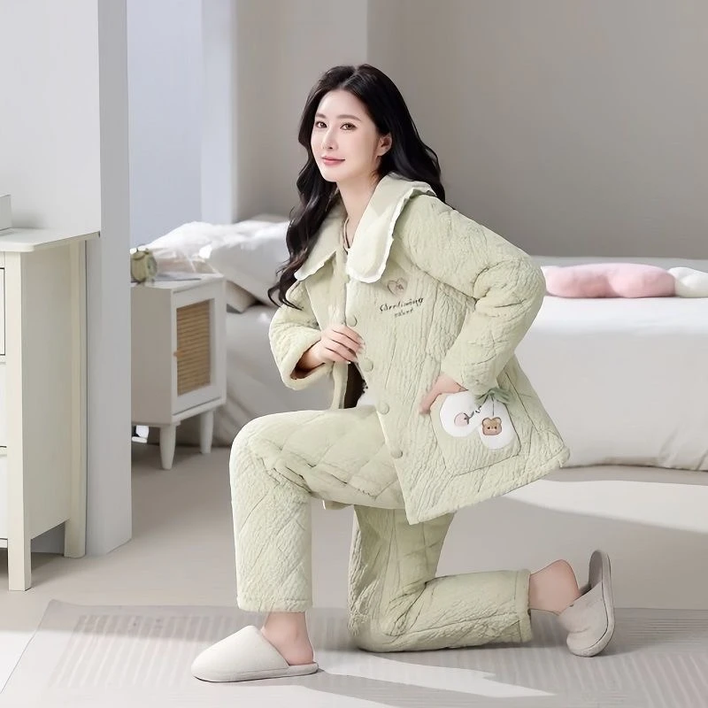 睡衣女冬季三层夹棉袄加绒加厚保暖牛奶绒两件套装女士睡衣家居服