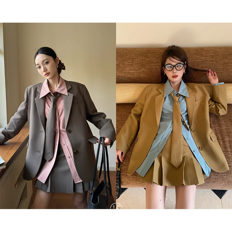 鹭青一精选【轻氧态】竖条纹提花西装外套女春百搭套装L25G7387BA