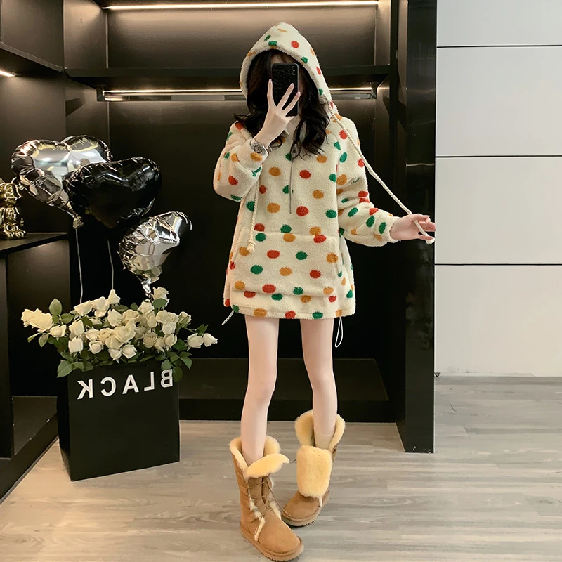 加厚羊羔绒外套秋冬复古街头可爱少女波点外套慵懒休闲宽松上衣潮