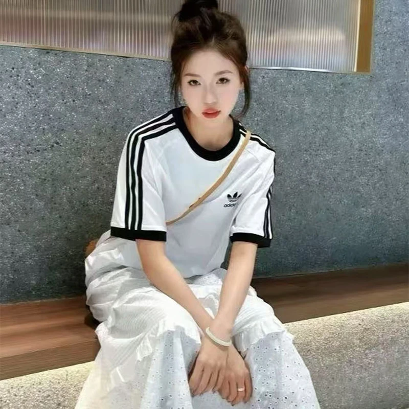 奥莱撤柜原单三条杠纯棉男女同款宽松百搭T恤短袖jennie同款