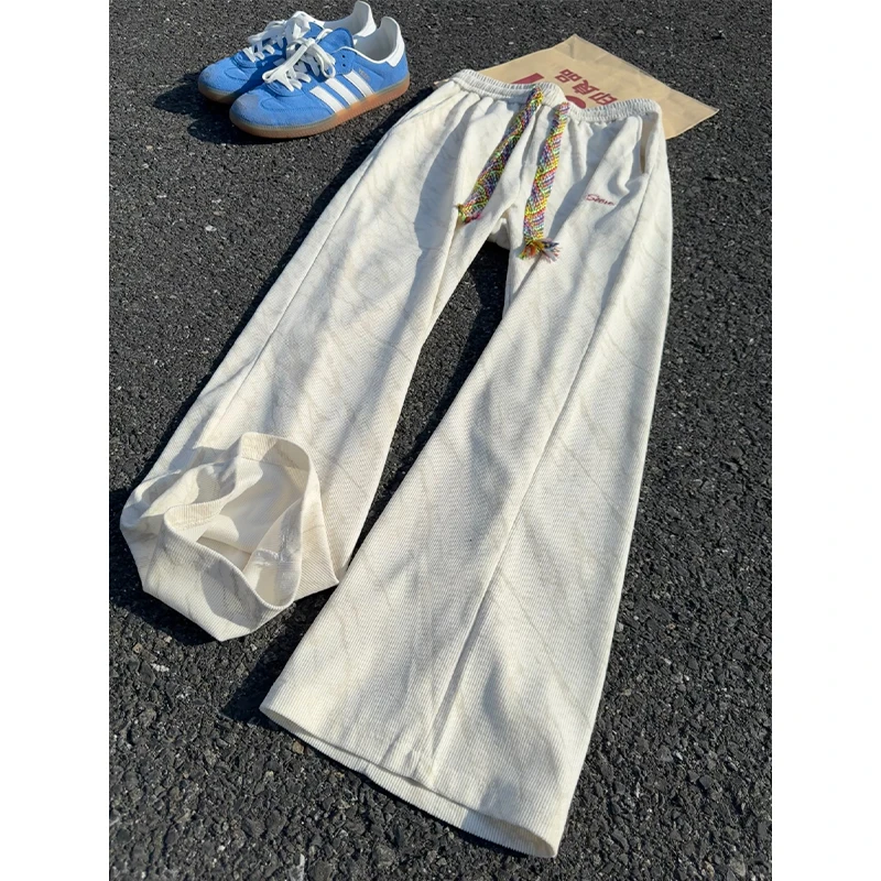 米白色扎染刺绣裤子秋季百搭直筒宽松潮流阔腿长裤慵懒风运动卫裤