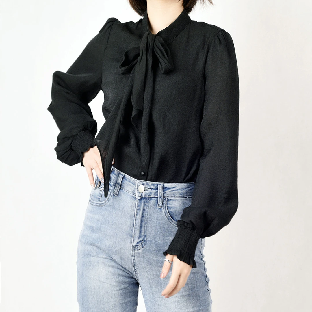 蝴蝶结蕾丝衫系带雪纺衫法式黑色气质秋季春秋