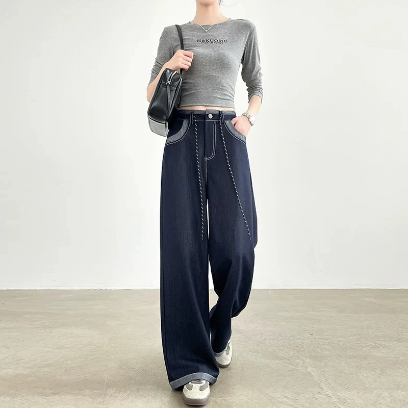 丹宁蓝牛仔裤显瘦抽绳直筒裤