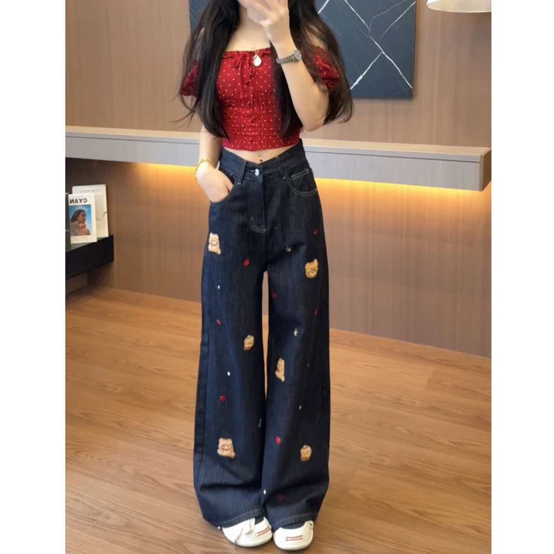 刺绣美式阔腿牛仔裤女春秋季百搭腊肠狗贴布设计感直筒拖地裤长裤