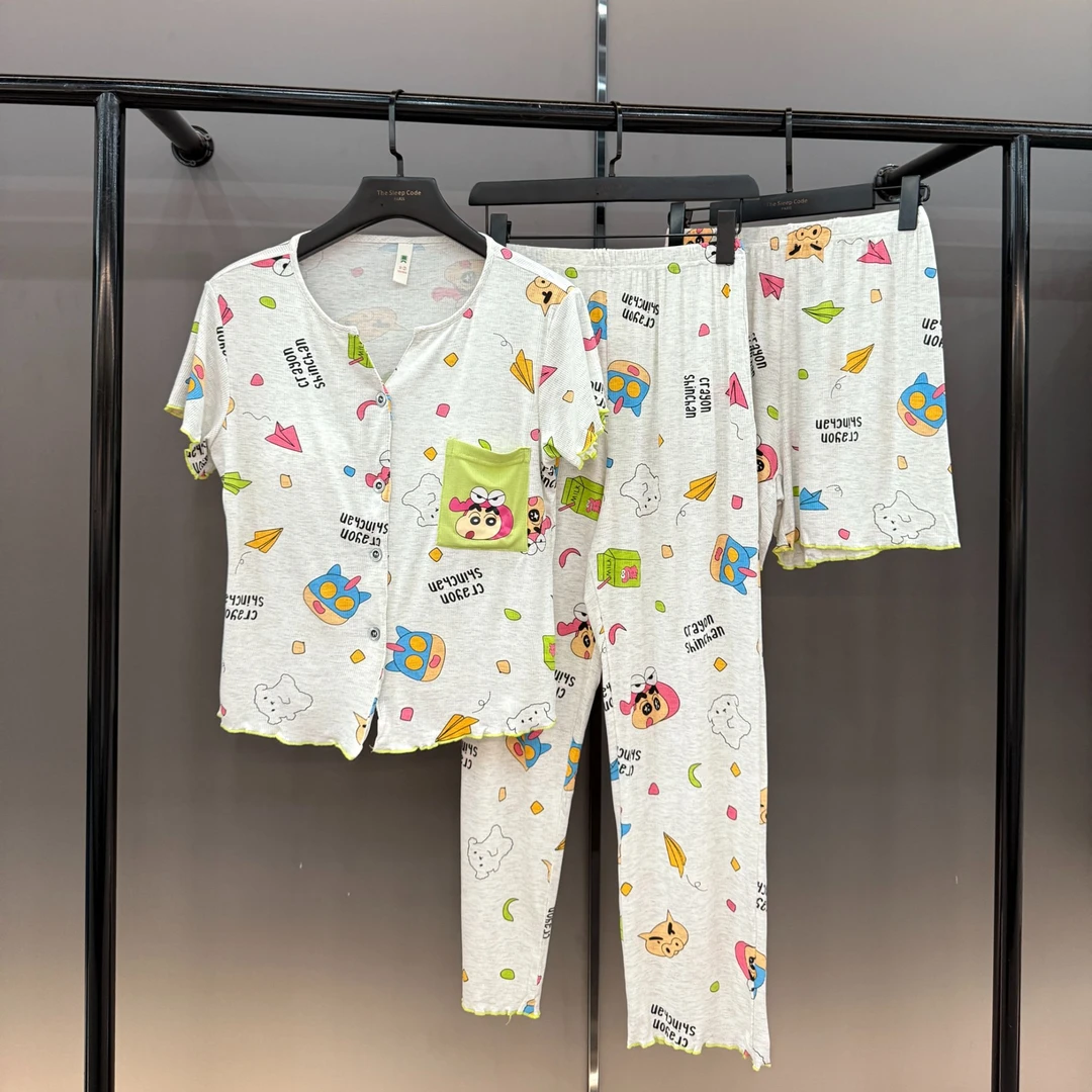 【青草小新-短款三件套】 新款可外穿棉短袖长裤居家服睡衣套装