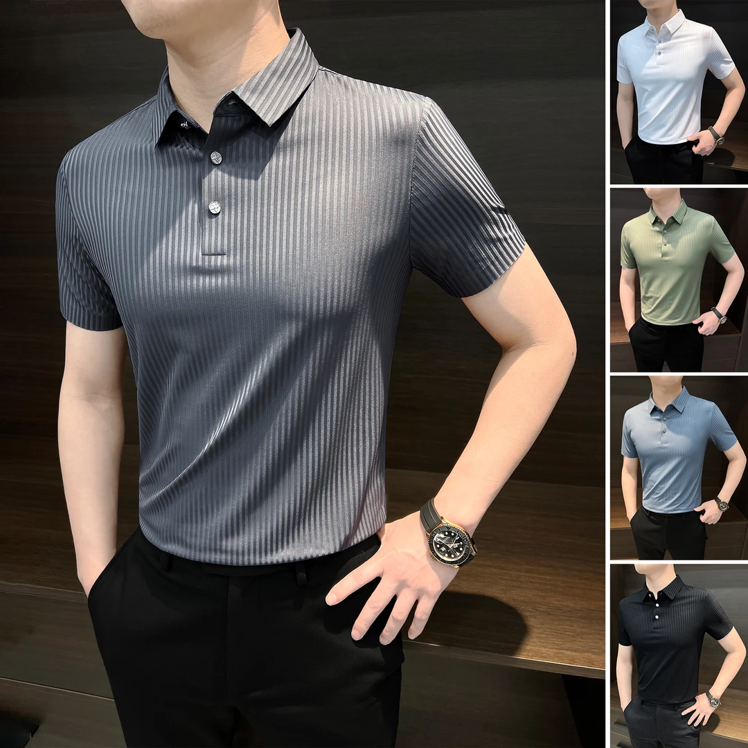 条纹无痕polo衫男士短袖夏季薄款痞帅高级感男装商务休闲男款t恤
