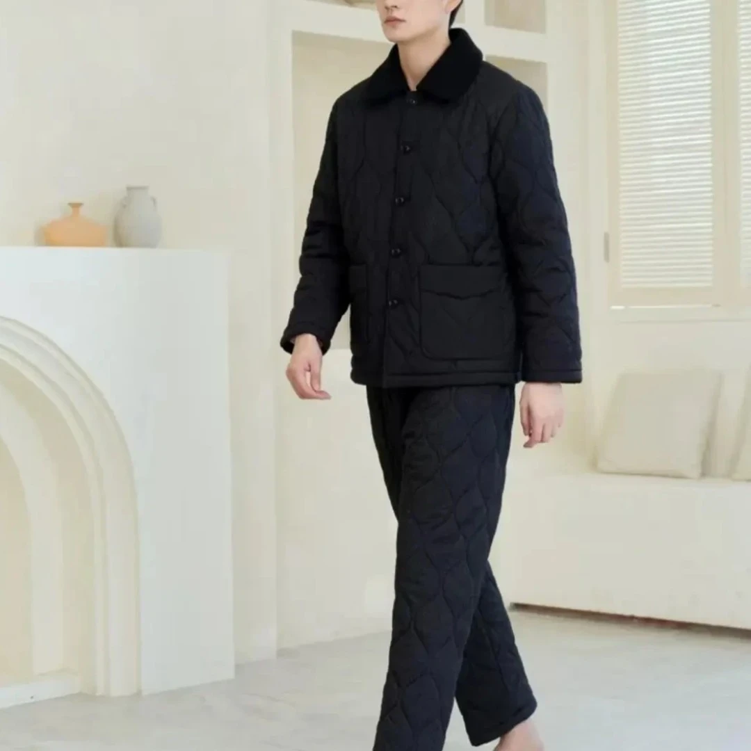 男士三层夹棉加厚加绒冬季防风抗寒翻领可外穿家居服睡衣套装