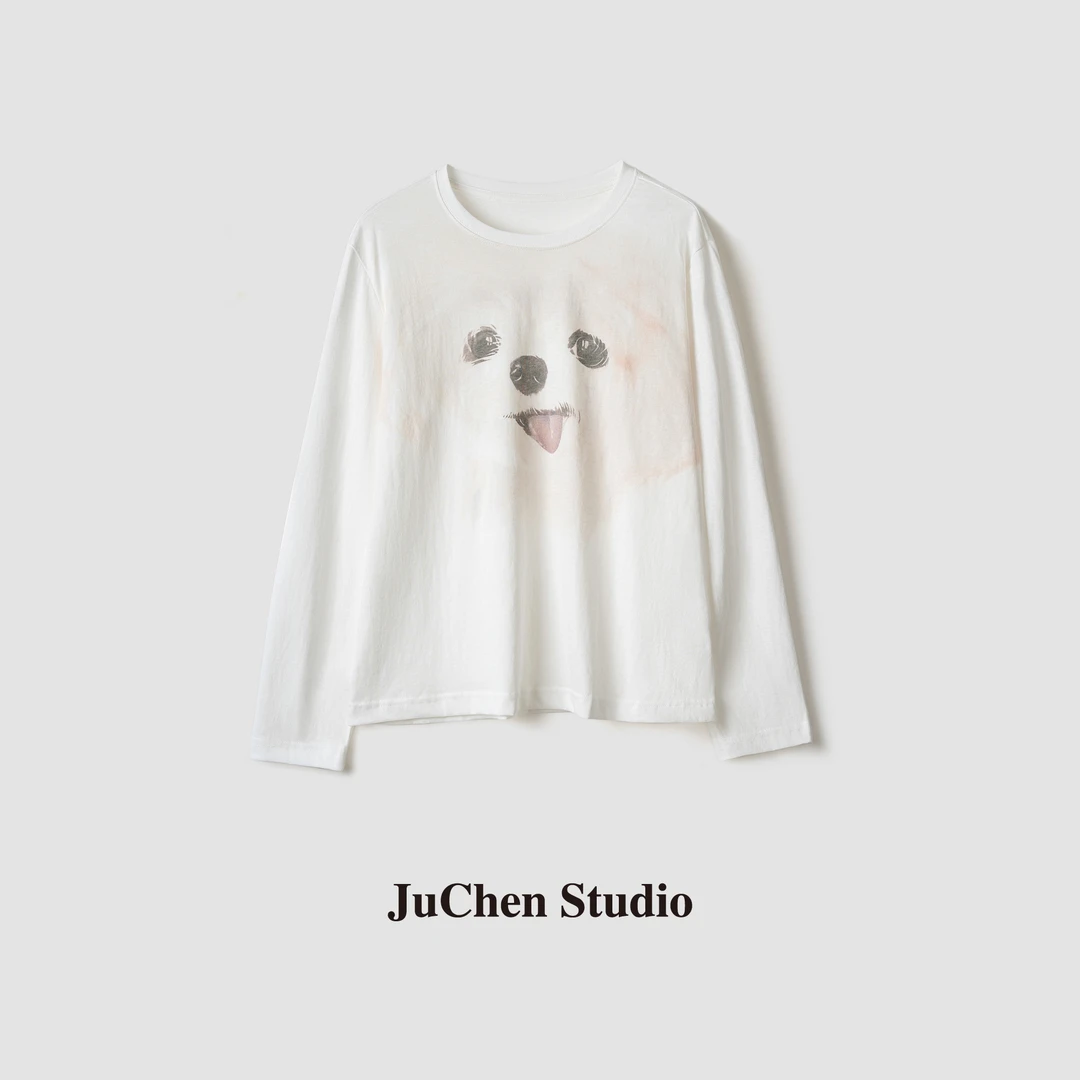 治愈笑脸软萌小狗长袖薄款T恤宽松休闲印花罩衫 SS117001-195