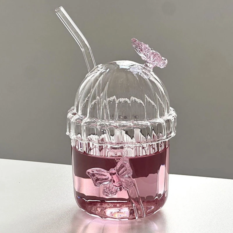新款少女风蝴蝶竖纹吸管杯ins风大容量高硼硅玻璃杯咖啡冷饮水杯