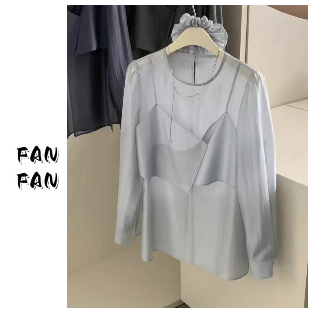 FANFAN 【温柔风假两件】优雅灰蓝衬衫