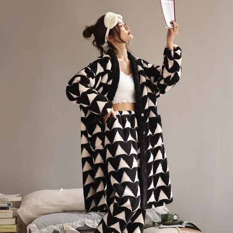 新款长袍女士睡衣爆款开襟家居服加厚加绒冬季可外穿保暖套装