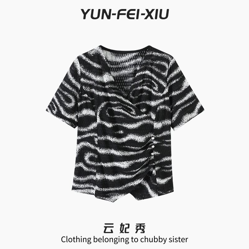 云妃秀大码女装T恤百搭气质时尚宽松显瘦微胖韩版上衣夏季5958