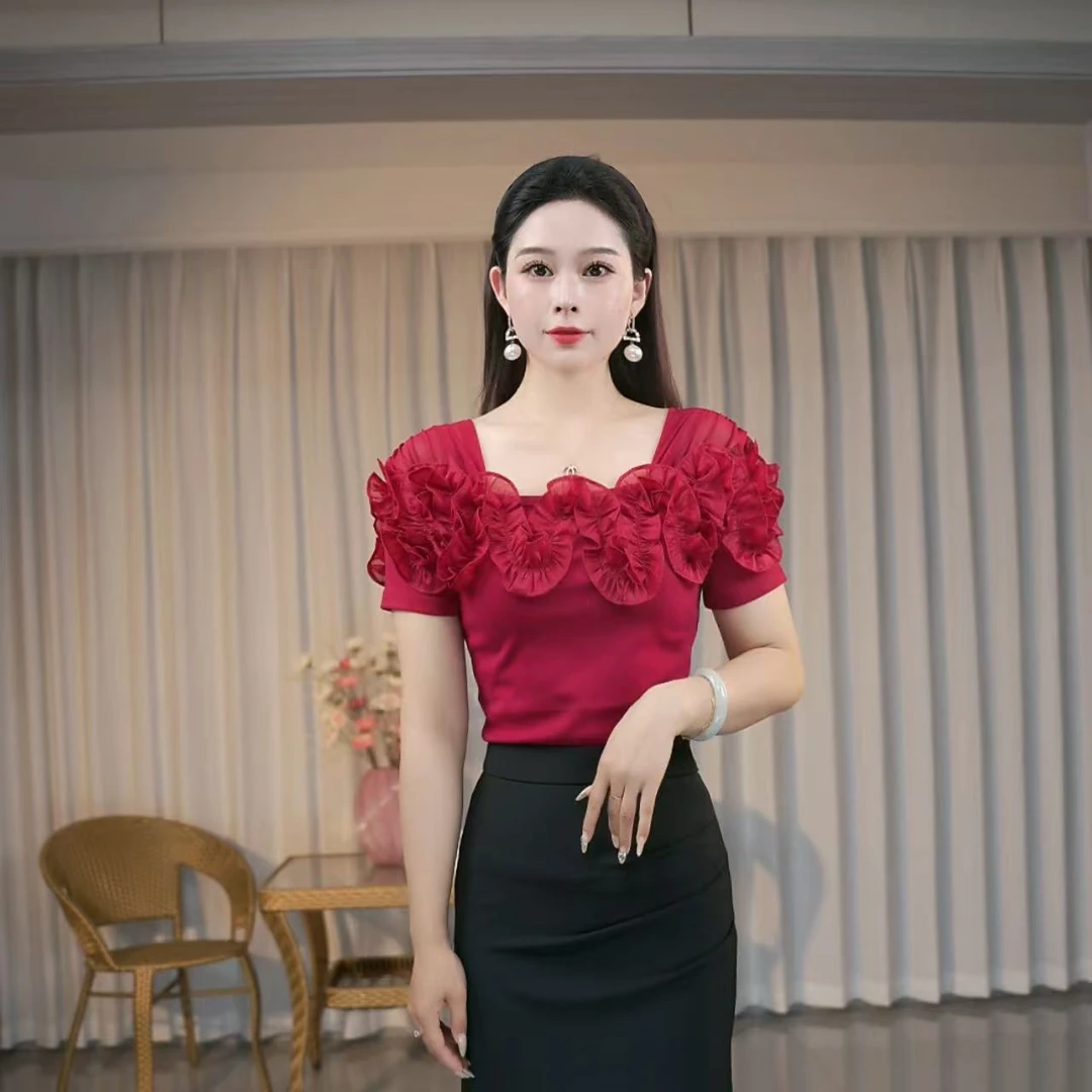 红色修身短袖宴会T恤洋气显瘦V领修身时尚百搭辣妹风上衣常规夏季