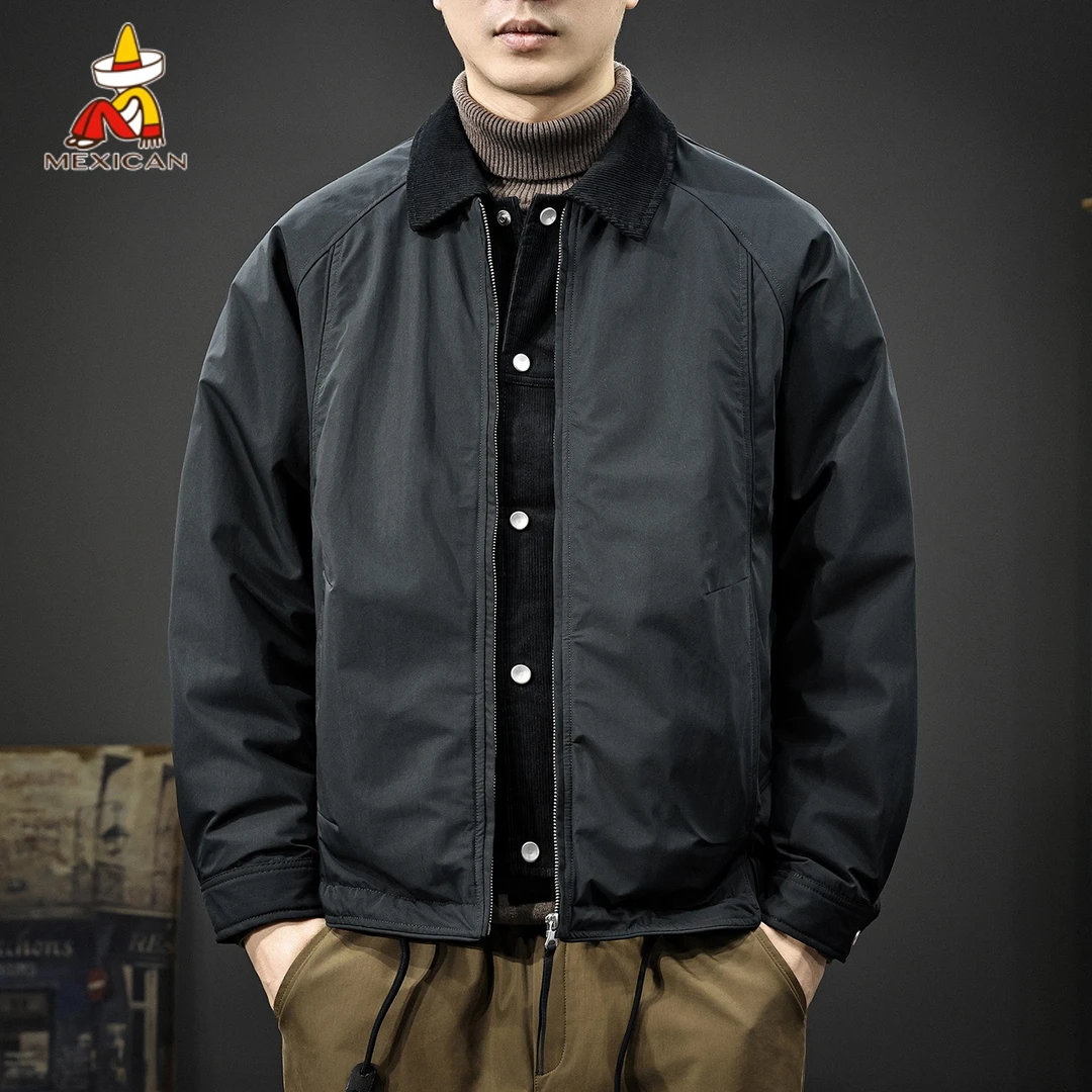 Mexican/稻草人冬季重磅保暖羽绒服男款宽松大码白鸭绒翻领外套潮