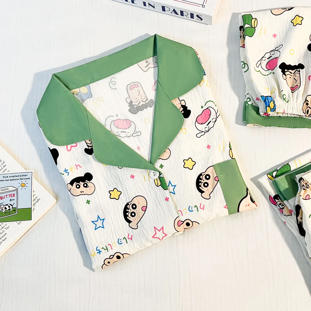 『绿色小新』短袖三件套夏季夏天新款彩色睡衣可外穿宽松居家服