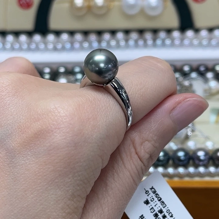 戒圈海水珍珠银S925镶嵌大溪地 10-11mm 38号