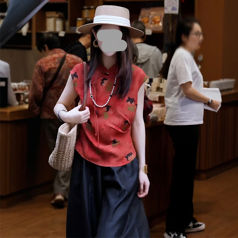 巨好看的新中式国风套装女夏季新款复古盘扣无袖马甲阔腿裤两件套