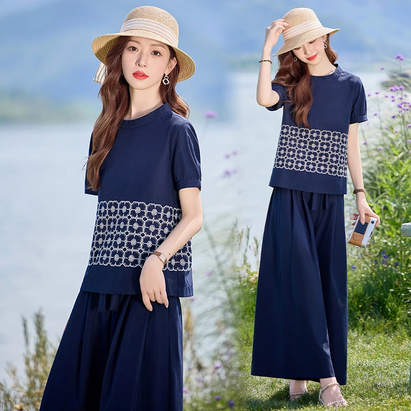 休闲刺绣两件套装女2025夏季新款高级感短袖衬衫穿搭气质阔腿裤子