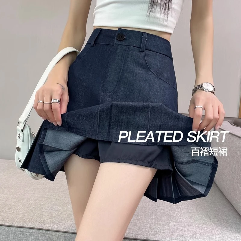 丹宁蓝冰丝牛仔半身裙女夏季薄款2025新款高腰a字防走光百褶短裙