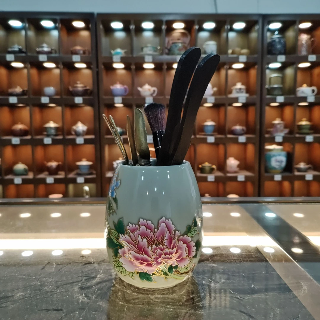 浮雕粉牡丹花开哥窑茶道六君子-1906