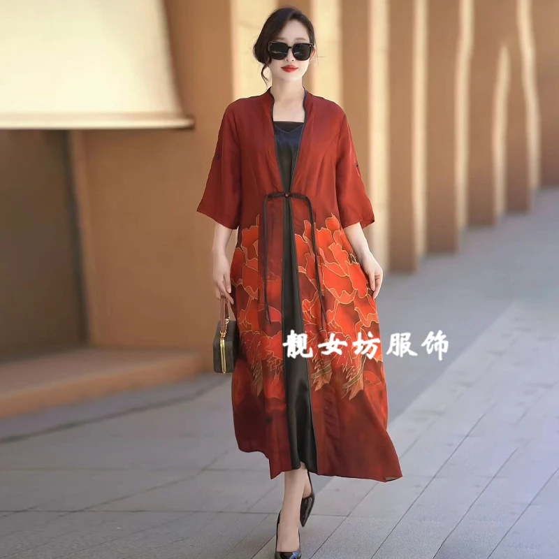 高档花萝外套垂坠感中老年外披洋气国风中长款开衫V领薄款风衣女