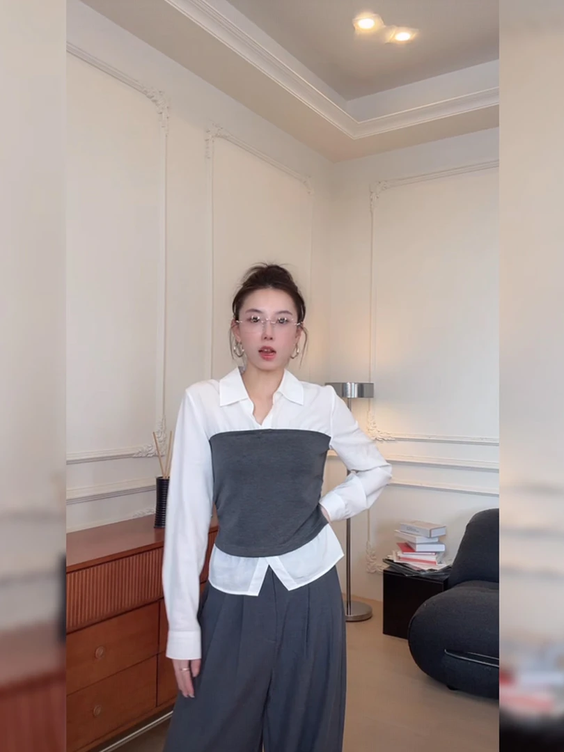 白色假两件收腰长袖衬衫女士2025秋季新款小衫法式高级感衬衣女装