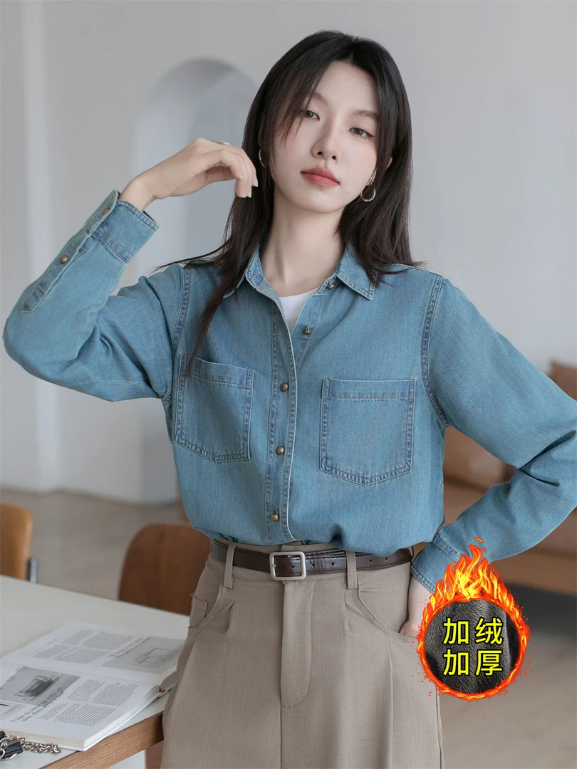 复古港风软牛仔加绒衬衫女外穿内搭2025秋冬新款宽松叠穿衬衣上衣