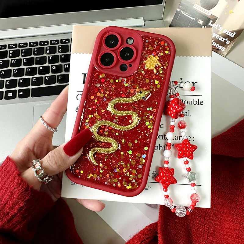 新年立体金蛇高级手机壳国风红色适用苹果15华为oppo小米vivo防摔