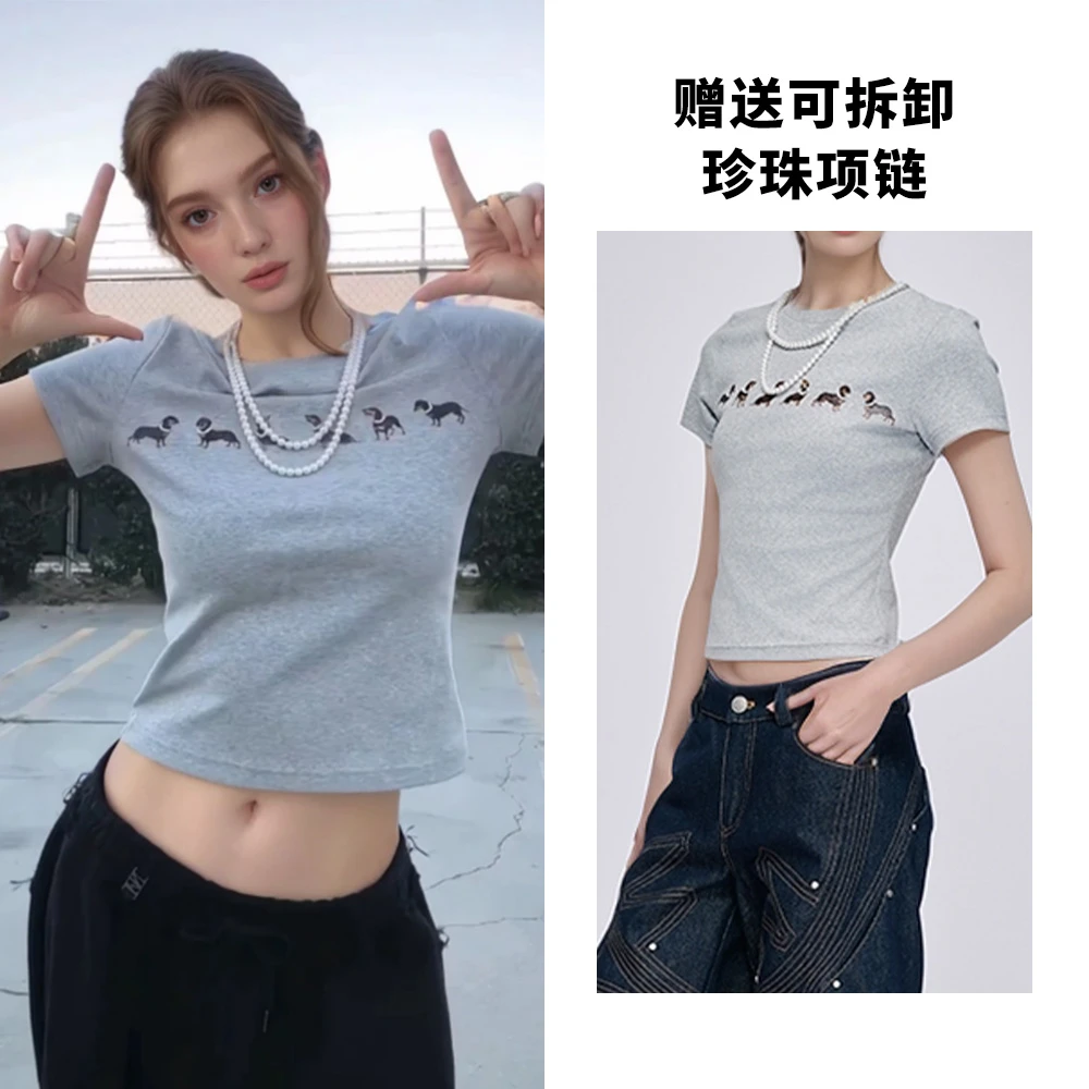jennie金智妮同款腊肠狗印花短袖T恤女修身显瘦设计感百搭上衣春