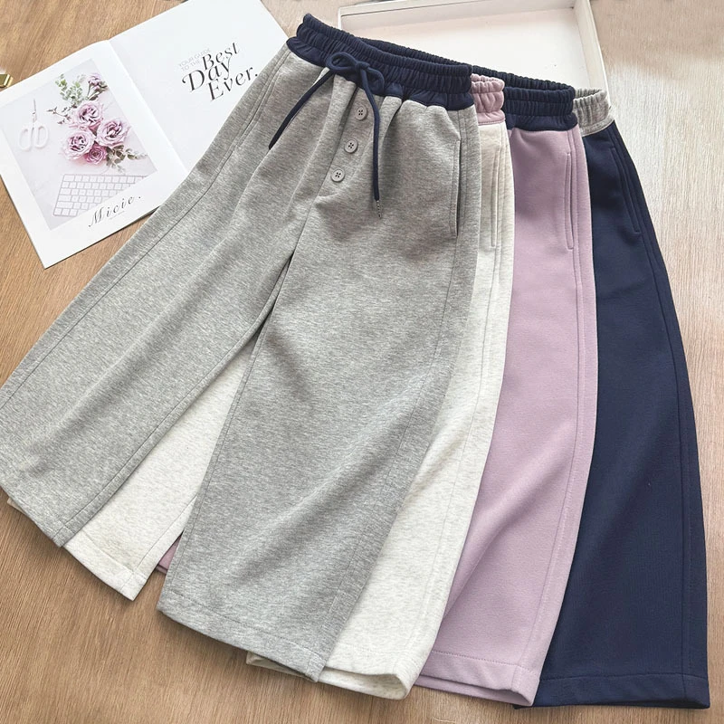 女童简约百搭拼腰三粒扣休闲香蕉卫裤中大童直筒弯刀裤秋季好版型