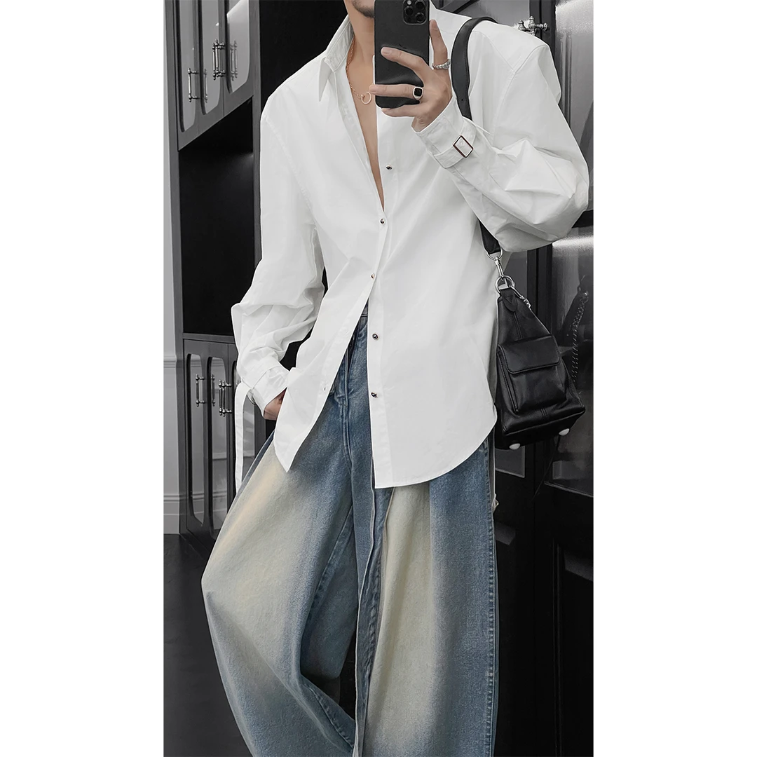 龙叨叨春季新品小众设计感可调节收腰衬衫男宽松简约长袖衬衣潮