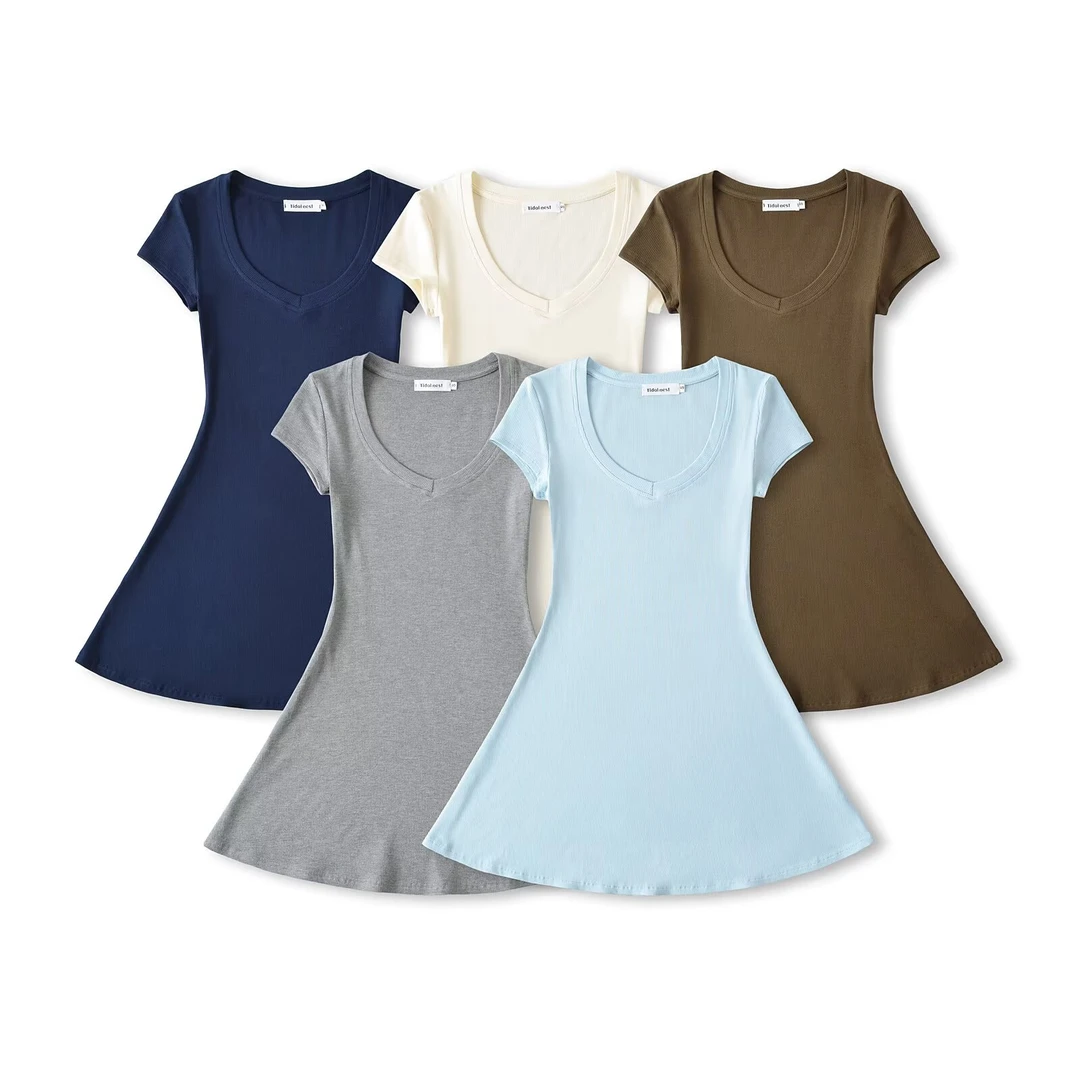 春夏新款方领芭蕾风针织收腰显瘦内搭连衣裙