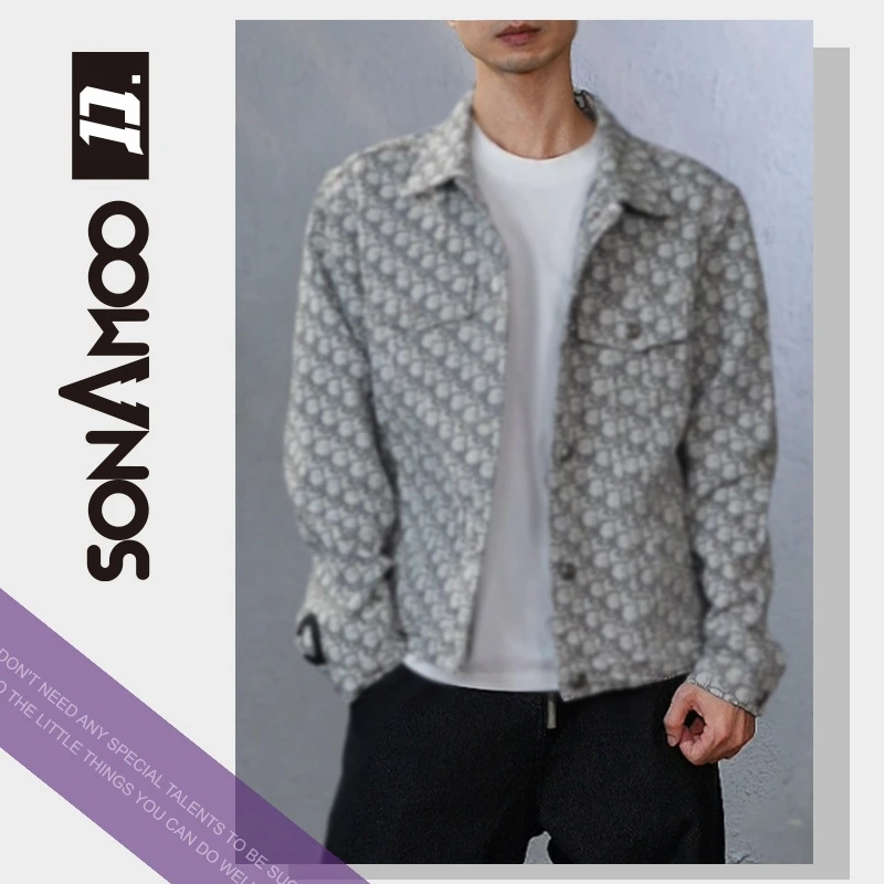 白色D满提花图案洗水男士秋季百搭牛仔外套复古D18986