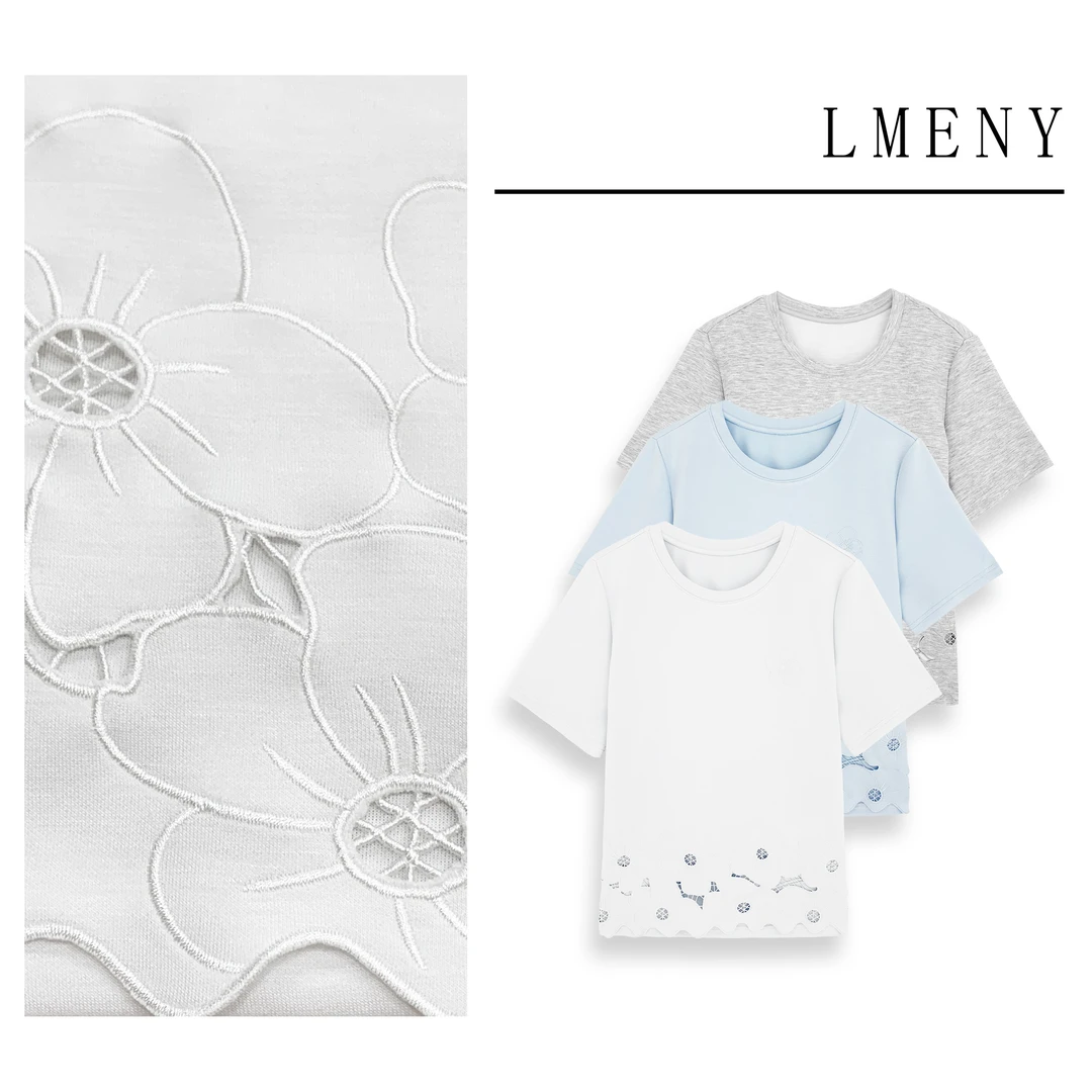 LMENY月闻花开~花朵刺绣镂空下摆圆领显瘦T恤25BT008