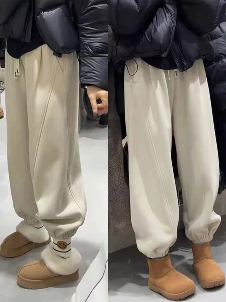 小个子宽松加绒束脚哈伦裤女冬季新款高腰显瘦运动卫裤九分灯笼裤