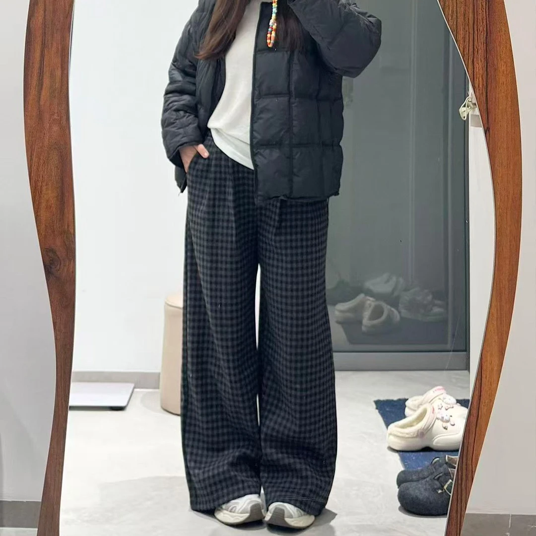大码黑灰色格子加绒直筒阔腿休闲裤女冬季款宽松显瘦垂感百搭裤子