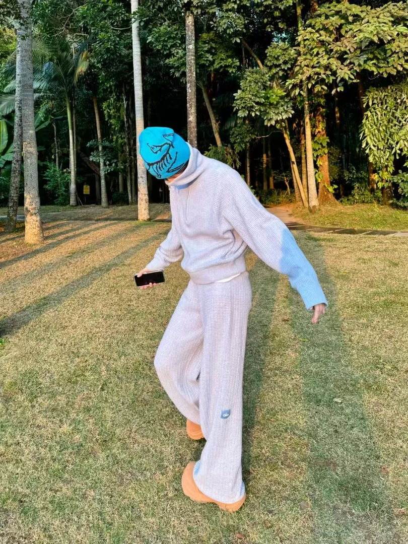 Alo 春秋新款休闲裤松紧腰头直筒裤宽松显瘦针织裤子休闲运动长裤