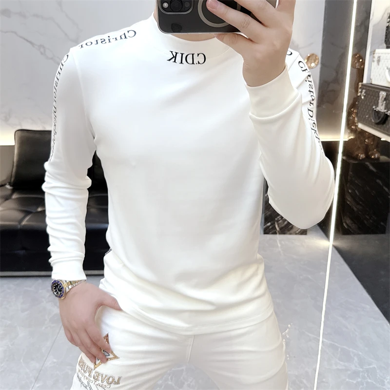 2025秋冬新款欧货印花时尚修身百搭圆领体恤长袖卫衣男打底衫刺绣