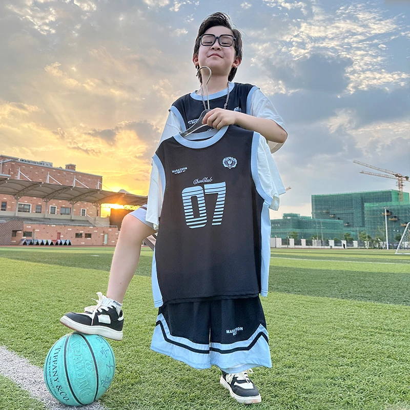 【实体品质】男童夏装篮球服套装大儿童2025新款假两件套帅气潮时髦